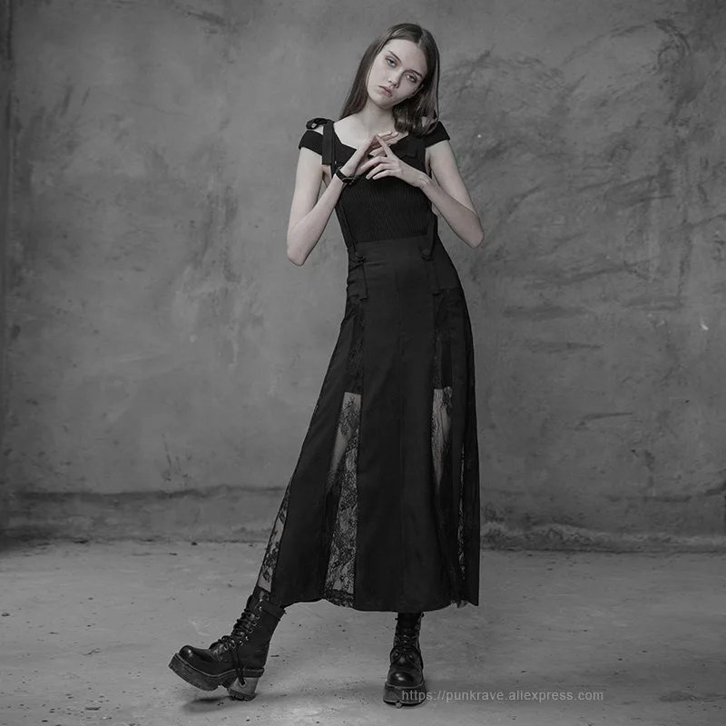 Панк рейв Готический женский сексуальный кружево с цветочным узором черная длинная юбка готические модные кружевные детали и съемные ремни на талии