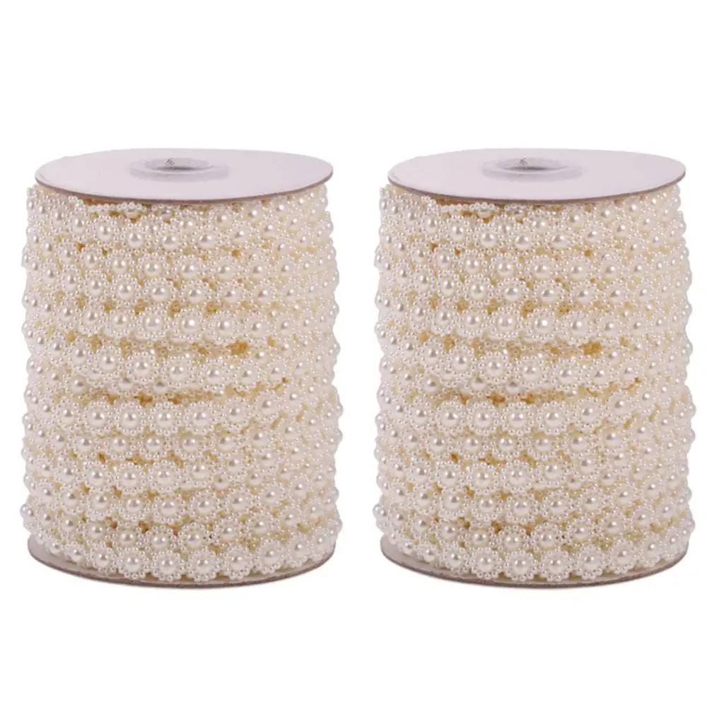 2pcs Resin Pearl Beads Chain 25 Meters Flower Roll Garland String for Christmas Wedding Party Home Decoration Craft(Beige)