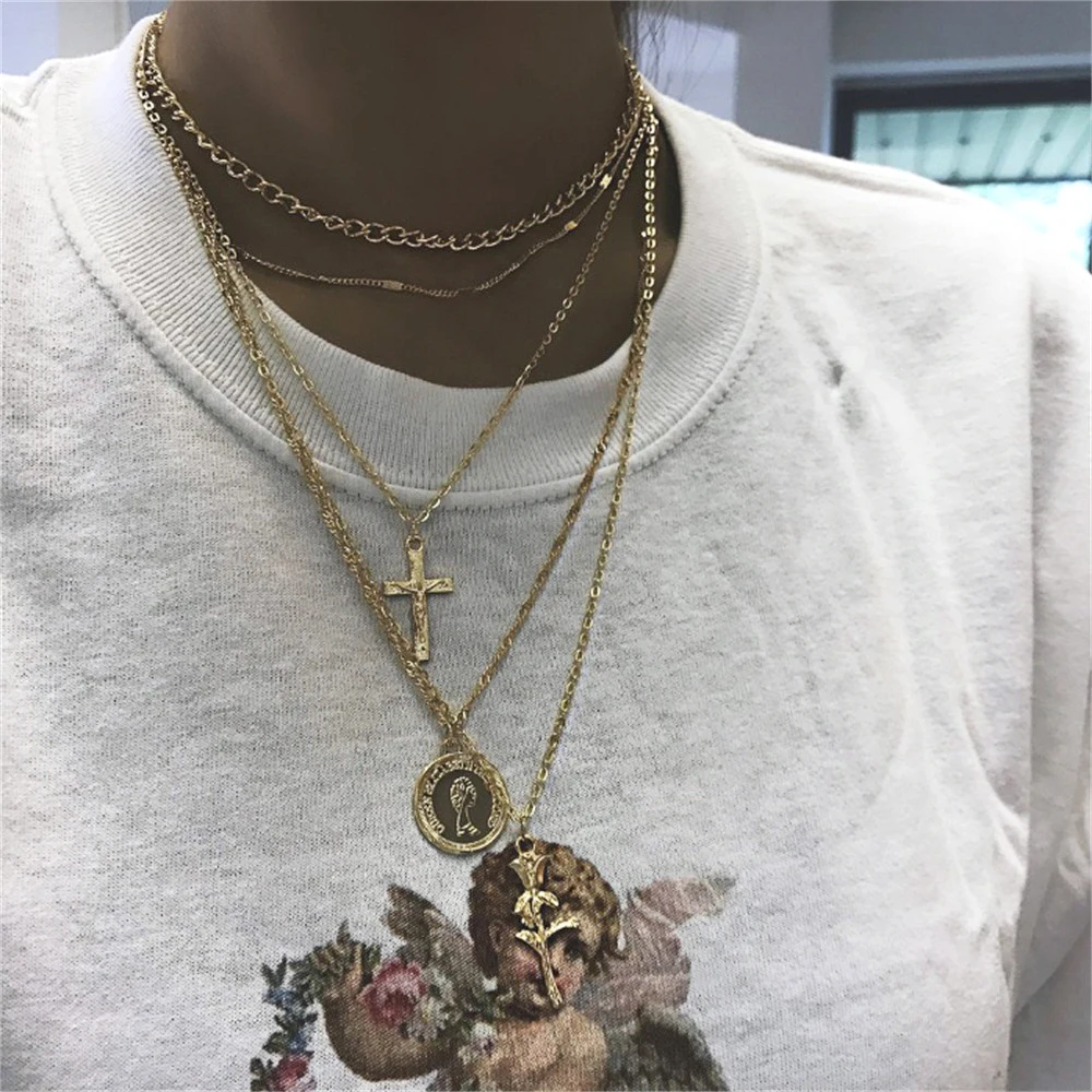 Женский Богемский ретро круглый крест, розовая подвеска, золотая цепочка для ключицы, индивидуальное многослойное ожерелье, набор, модный подарок на день рождения