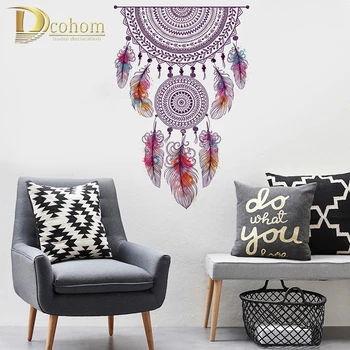 

Classic Style Dream Catcher Wall Sticker Colorful Feather Flower Wall Art Decals Multicolor Plumage Peal and Stick Stickers