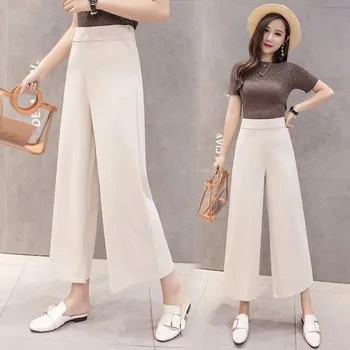 

Womem Vintage Chiffon Office Trousers Loose 2019 Summer Elegant Zippers Elastic Waist Wide Leg Pants