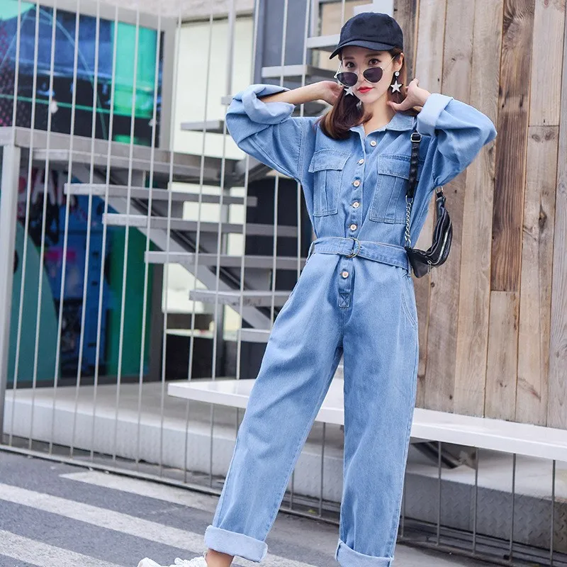 2018 Women Long Sleeve Denim Jumpsuit Solid Turn-Down Collar Long Jeans Overalls