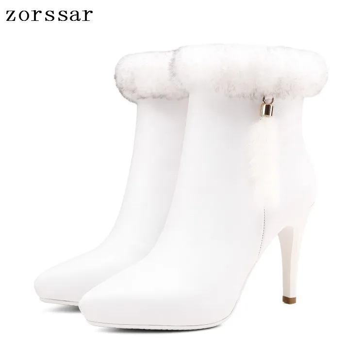 

{Zorssar} Luxury brand Natural leather platform heels boots Women Ankle Boots High Heels Women Shoes Winter warm snow boots
