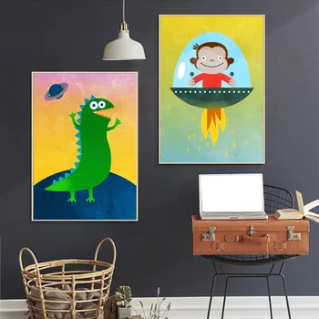 

Nursery Art Space Monkey Dragon Penguin Robot Canvas Poster Wall Pictures for Living Room No Frame