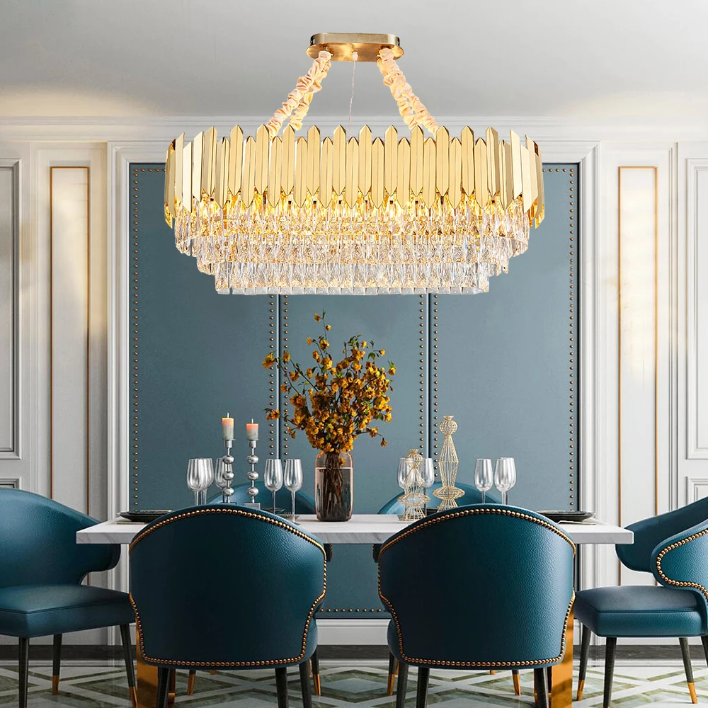 

Modern Crystal Chandelier Lighting For Living room Oval Gold Rectangle Stainless Steel Line art deco Chandeliers for kitchen