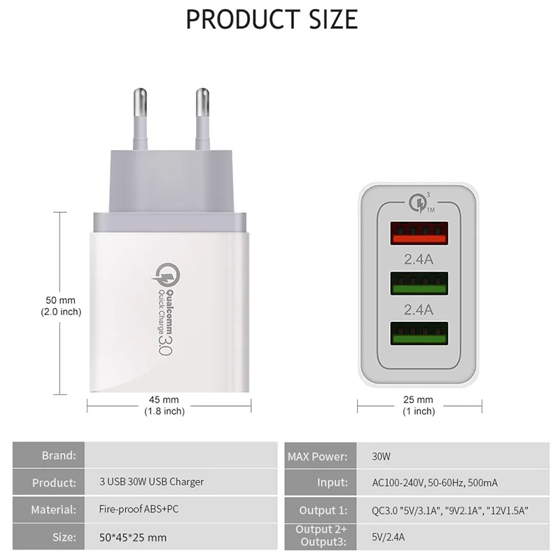 Универсальный 30 Вт Быстрая зарядка QC 3,0 USB зарядное устройство для iPhone 7 8 X XS MAX samsung S9 S10 Plus huawei Xiaomi EU US plug адаптер питания