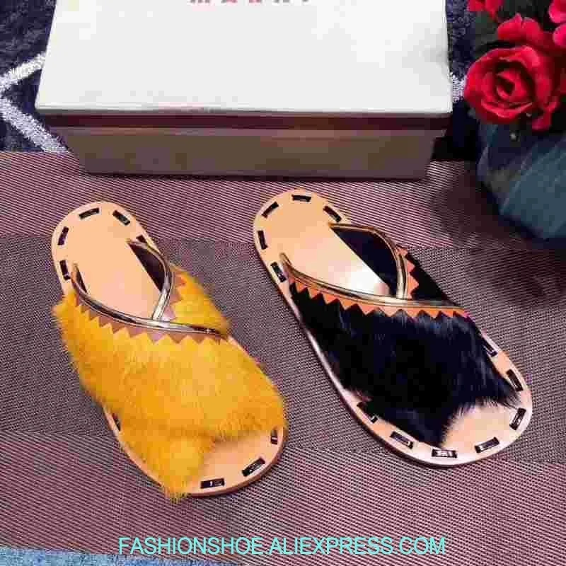 

Mink Hair Women Slippers Outside Summer Shoes Woman Casual Beach Flats Luxury Fur High Quality Women Sandals Street Style Slides