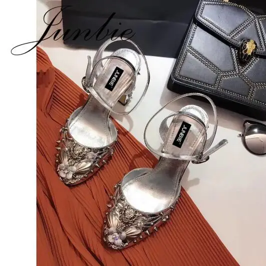 

JUNBIE Glod Silver Genuine Leather Mary Janes Summer Autumn Pumps Crystal Beading Studded WomenChunky Heel HIgh Heels