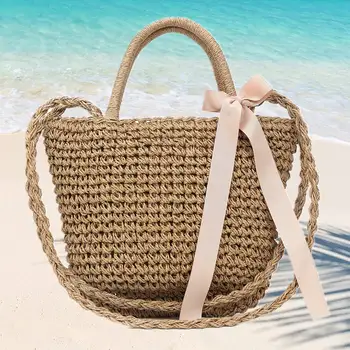 

Fashion Women Handmade Rattan Woven Straw Bag with Silk Knot Summer Women Messenger Crossbody Bags Girls Beach Handbag 2020