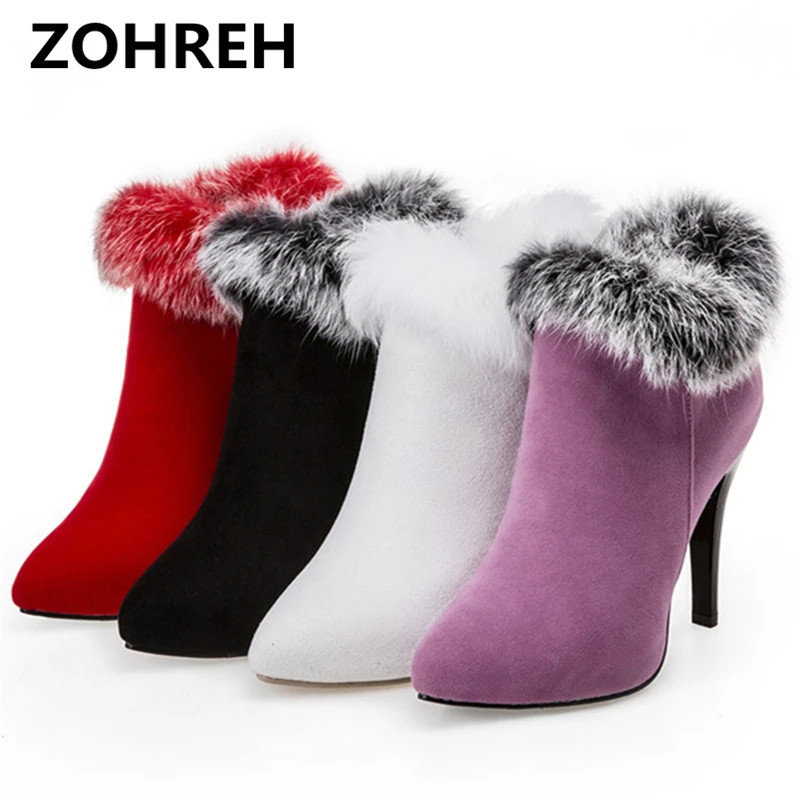 

ZOHREH 2018 Sexy Women Boots Winter High Heels Ankle Boots Shoes Women Fall Ladies Short Boots Snow Fur Zip White Red Big Size