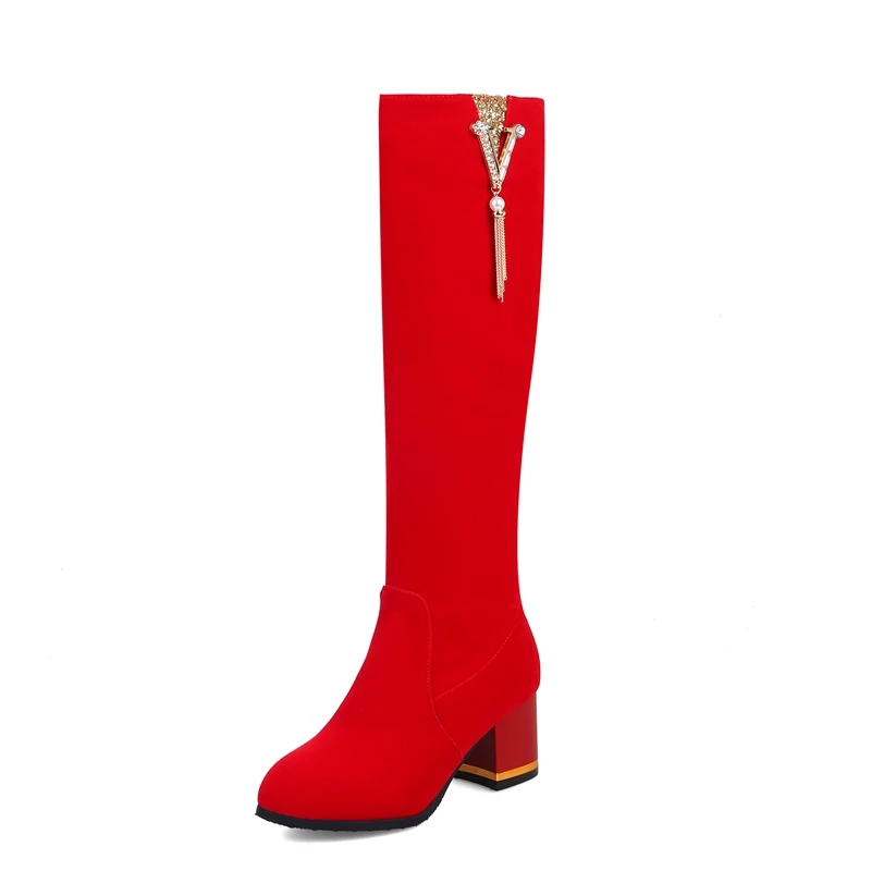 ENMAYER Woman Knee High boots Winter Causal Pointed toe Rhinestone Thigh High boots Black Big Size 32-45 High heel Zipper CR1631