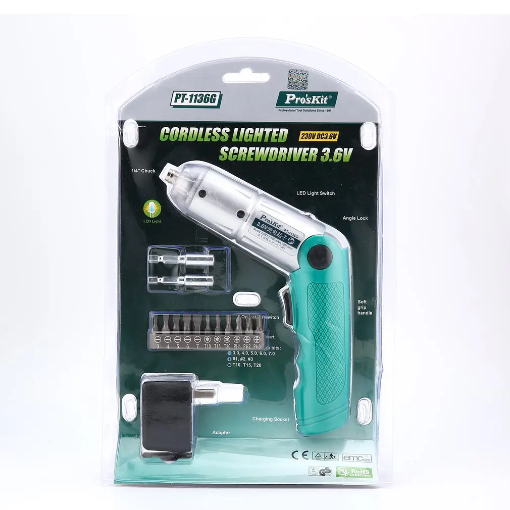 Pro'skit PT 1136G 3 6 V Перезаряжаемые электродрель отвертка комплект беспроводной
