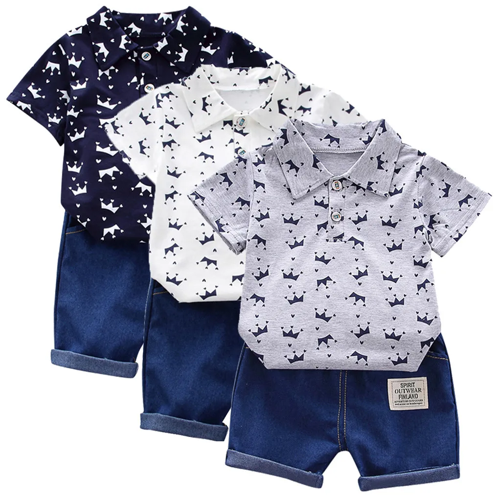 

Toddler baby boys clothes set summer Short Sleeve Crown Pattern Shirt Tops+ Denim Pants Set # LRSH
