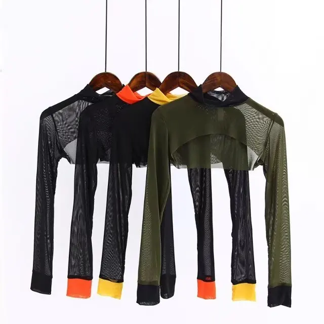 

Patchwork Candy Contrast Color Turtleneck Long Sleeve Bandage Crop Top Mesh Lace Perspective Cut Front Hollow Cropped T-Shirt