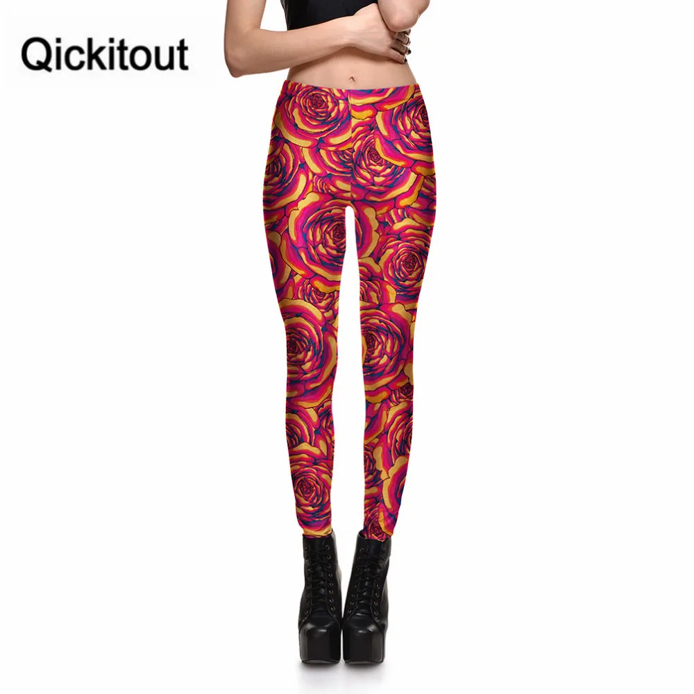 

Qickitout wholesale leggings red roses splicing noble gold charming European women leggings pants hot stretch pants