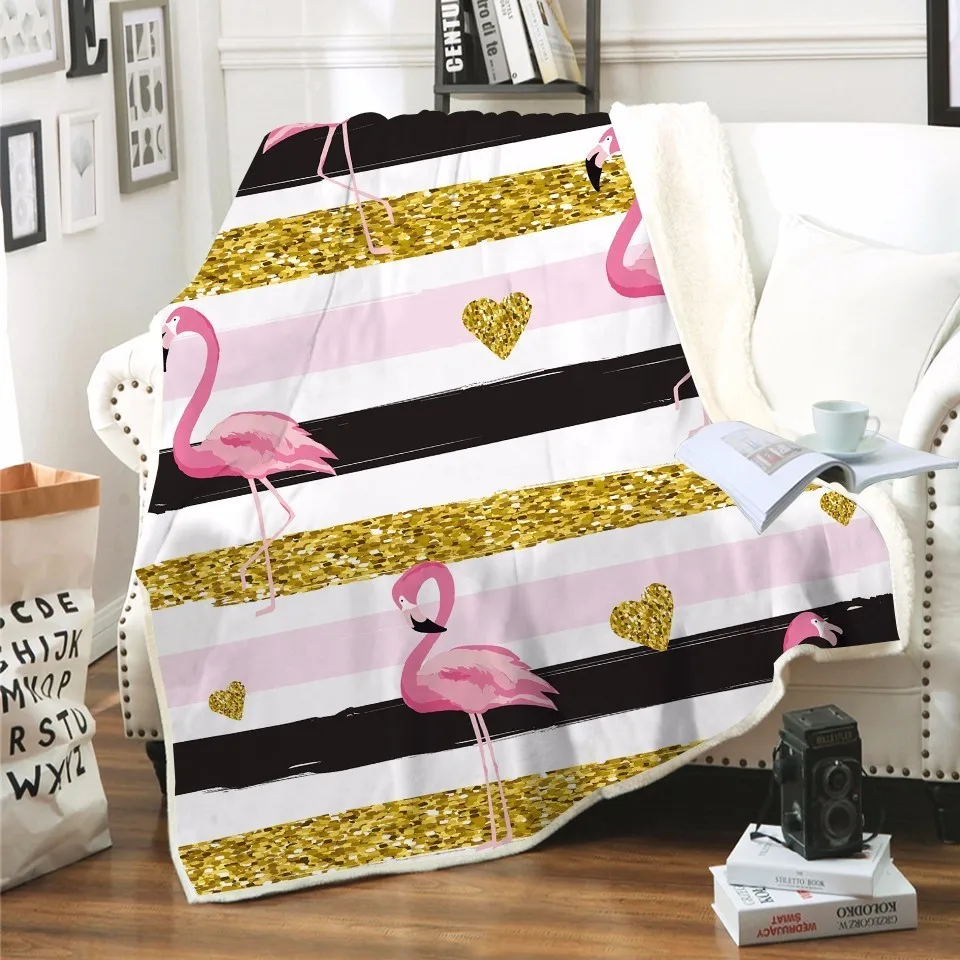 

Golden Sequin Flamingo Love Pink Throw Blanket Microfiber Blanket Stripe Plush Sherpa for Bed Sofa Couples Adults Gifts