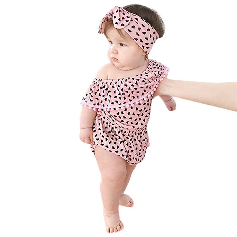 Girls suit summer 2019 new   2Pcs Baby Girls Infant Heart Tassel Jumpsuit Romper+Headband Set Clothes  (5)