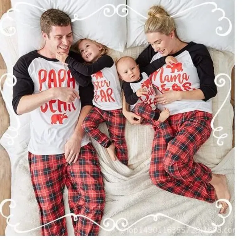 Детский пижамный комплект для семьи, рождественские пижамы для папы, медведя, мамы, малыша, медведя, рубашка+ клетчатые штаны Одежда для мамы и дочки - Цвет: 1