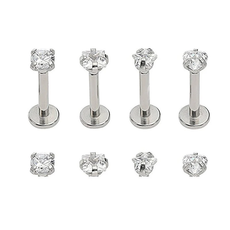 4 Pcs Value Pack of Assorted 316L Surgical Steel Internally Threaded Labret Prong Set Gem