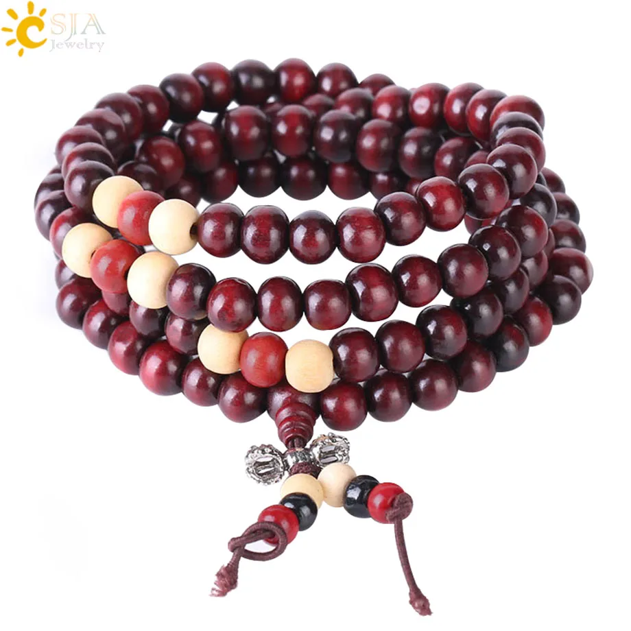 

CSJA Religious 108 Mala Buddha Rosary Bracelet for Men 8mm Sandalwood Bead Prayer Jewelry Tibetan Wooden Bracelets Handmade S064