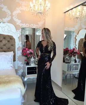 

Sexy Backless V Neck Long Sleeve Formal Gowns Sequined Mermaid Floor Length Evening Dress for Wedding Party Custom Made