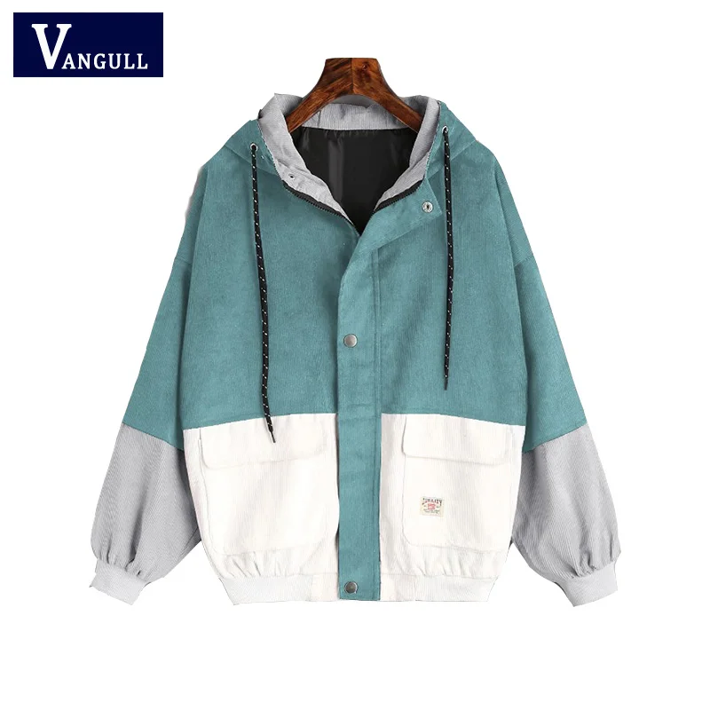 New  Winter Warm Color Block Hooded Corduroy Jacket Drawstring Hit Color Patched Pocket Thick Basic Wome