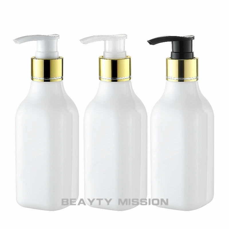 

200ML White Square Plastic Bottle With Gold Lotion Pump , 200CC Empty Cosmetic Container , Lotion / Shampoo Packaging Bottle