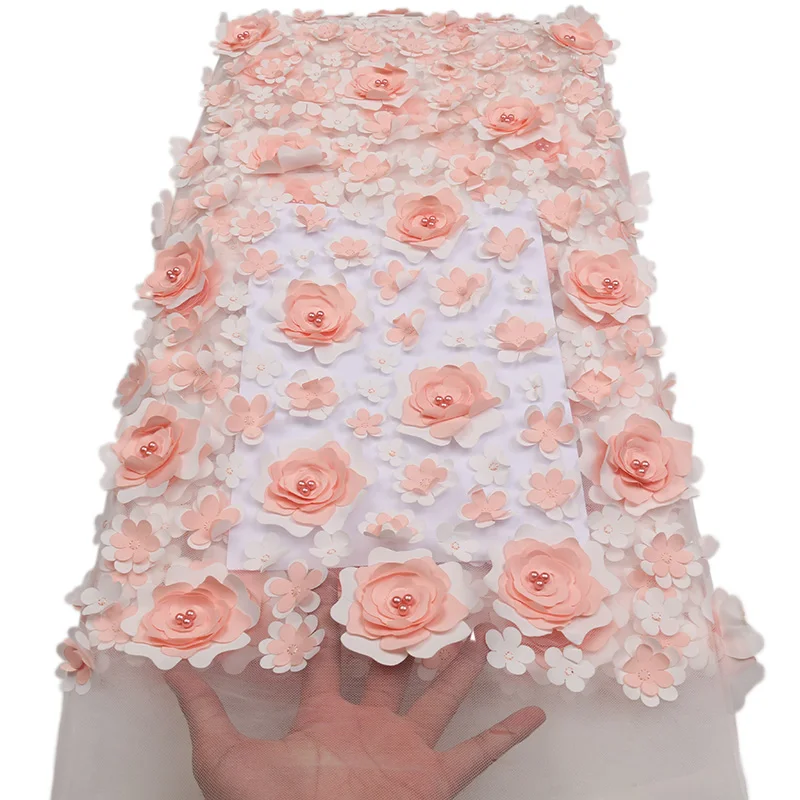 Buy Latest Pink color French Tulle Lace Fabric African 3D Flowers With Beads