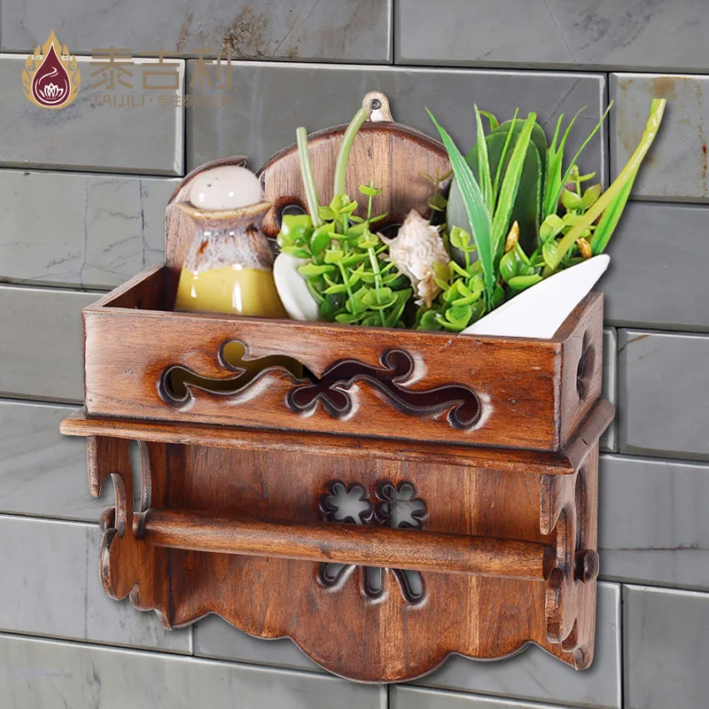  Solid wood retro bathroom roll holder mobile phone rack tray kitchen bathroom towel toilet tissue b - 32901376523