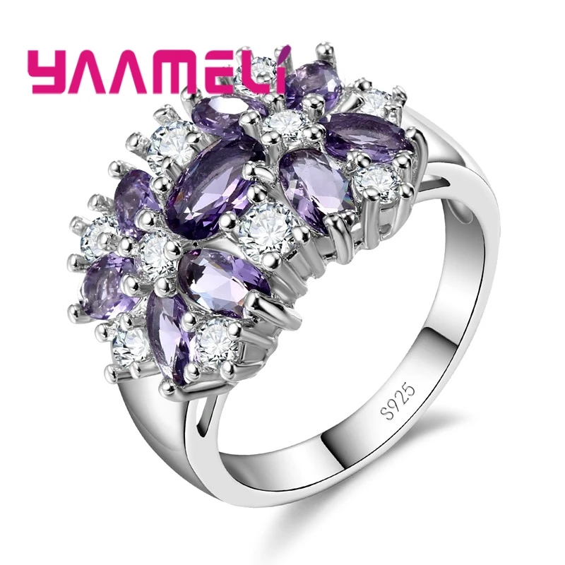YAAMELI Luxury Women Wedding/Engagement Jewlery Rings 925 Sterling Silver Flower Crystal Pave Setting Ring Anillo For Sale