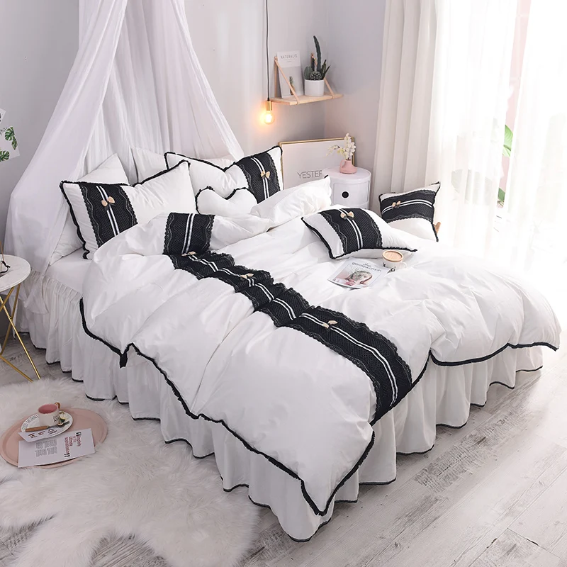 

Luxury Pure Cotton Black Lace Home Bedding set King Queen Size Princess korean Ruffle Bedskirt MINT Green Duvetcover Pillow case