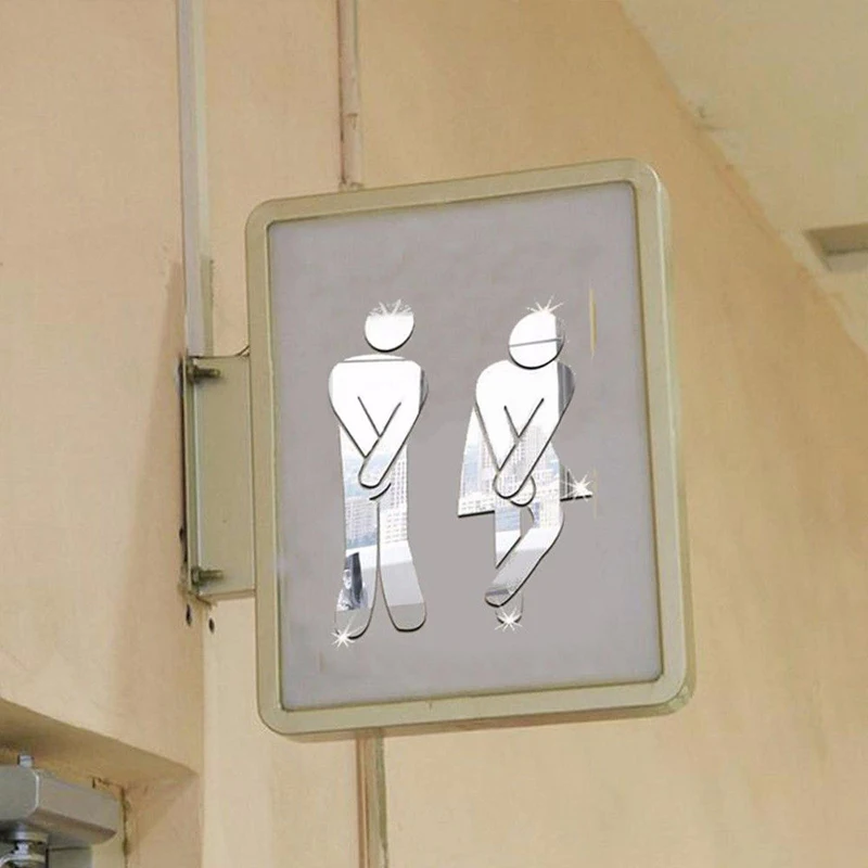 Toilet Room Sign Decorative Bathroom Sign For Hotel Bar Restaurant Mirror Wall 3D Removable Mirror Wall Stickers Creative Decals