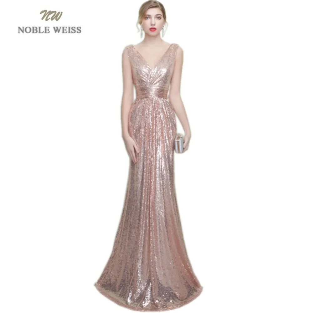 

NOBLE WEISS Long Prom Dresses 2019 Sequin Vestido De Formatura Floor-Length Custom Made V-Neck Mermaid Pleat Party Dress
