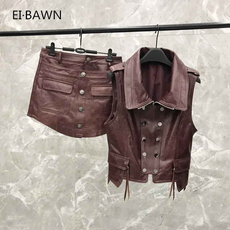 2019 New Leather  Vest Shorts Suit Female Spring and Autumn Wine Red Leather  Two-piece Real Leather Vest  Jacket Women