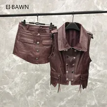 2019 New Leather  Vest Shorts Suit Female Spring and Autumn Wine Red Leather  Two-piece Real Leather Vest  Jacket Women