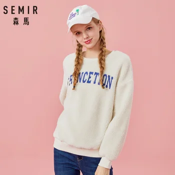 

SEMIR Women Sherpa Sweatshirt Women's Embroidered Pullover Sweatshit Crewneck Sweatshirt with Ribbed Cuff and Hem Brush Lined