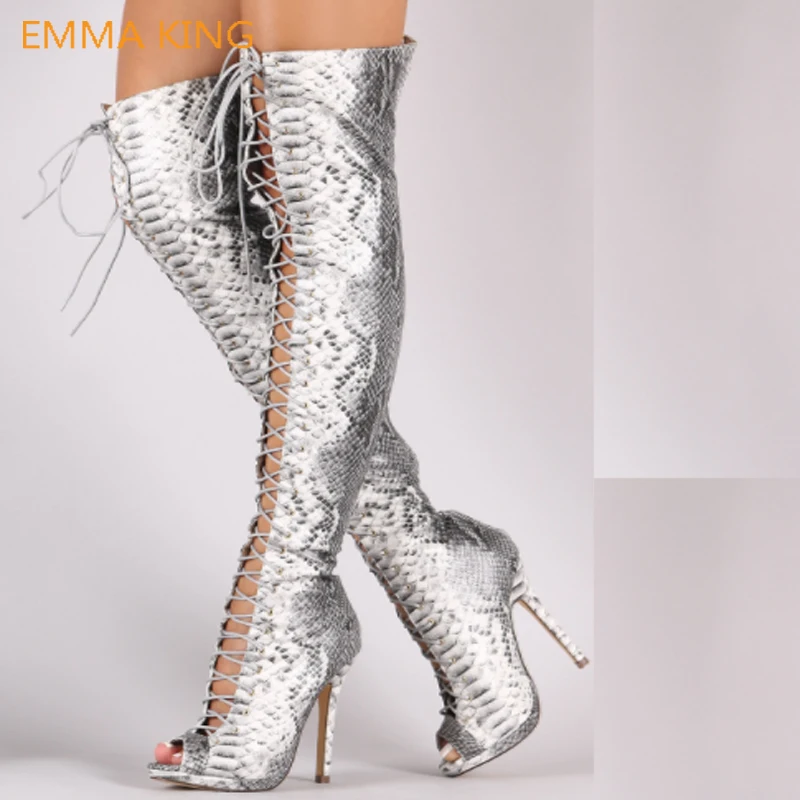 

Sexy Snakeskin High Heels Over The Knee Boots Women Stiletto Heels Cross Strap Fashion Ladies Peep Toe Autumn Thigh High Boots