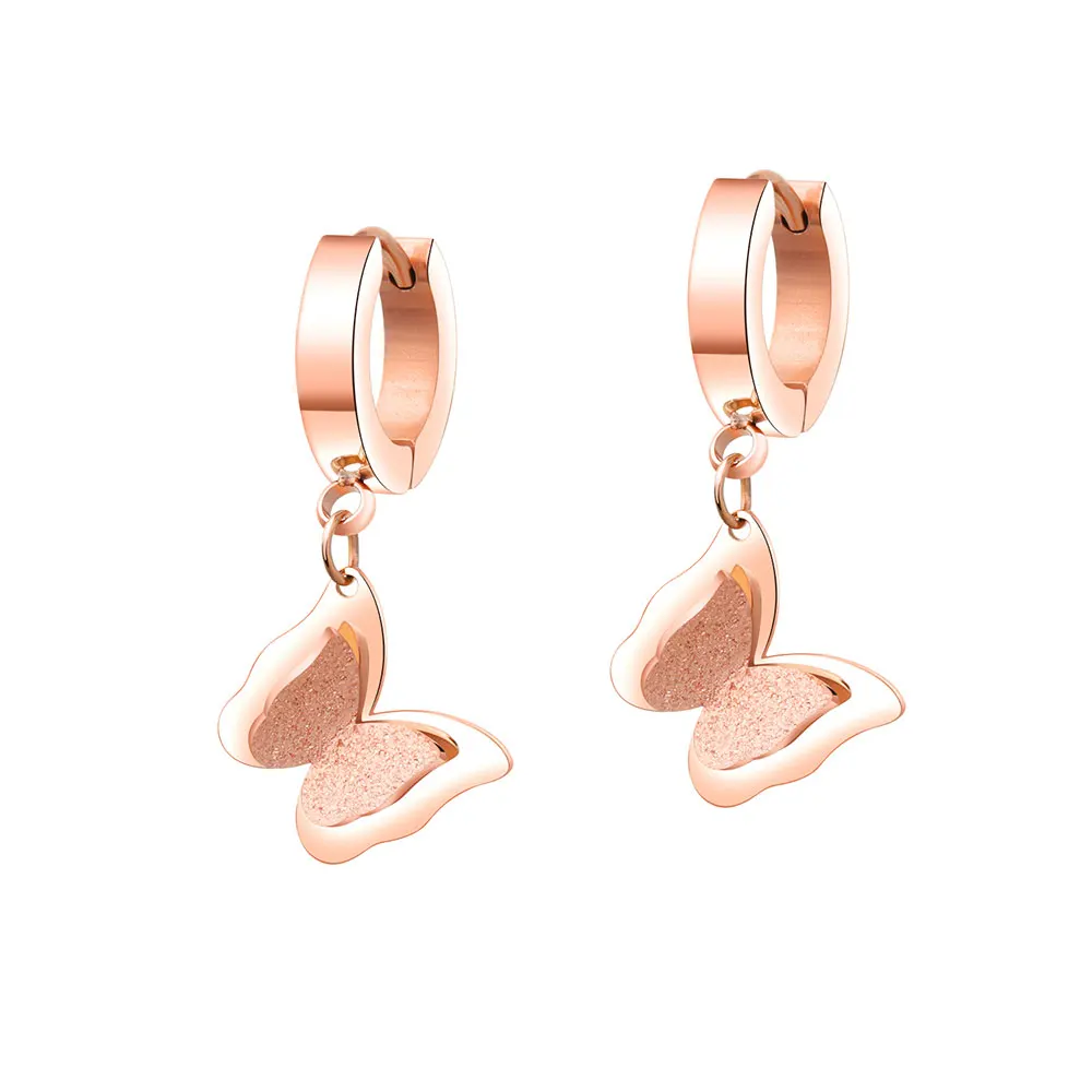 

JeeMango Fashion Frosted Double-layer Butterfly Earrings For Women Titanium Steel Rose Gold Color Female Hoop Earrings OGE452