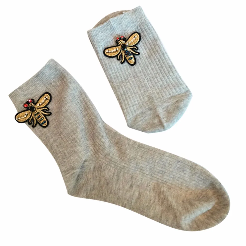 

FEITONG Fashion Women Casual Solid Bee Embroidery Socks Design Multi-Color Warm Winter Non-slip Elastic Soft Short Ankle Sock