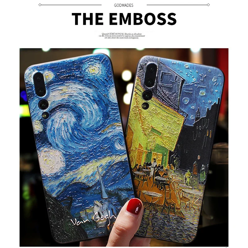 

3D Emboss Van Gogh Starry Sky Phone Case For Huawei P20 Pro Case For Huawei P20 Pro P10 P30 Pro Mate20 Soft Shell Tpu Cover