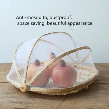 Handmade Bamboo Woven Bug Proof Wicker Basket Dustproof Picnic Fruit Tray Food Bread Dishes Cover With Gauze Panier Osier 4