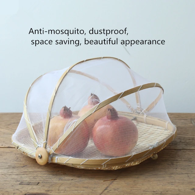 Handmade Bamboo Woven Bug Proof Wicker Basket Dustproof Picnic Fruit Tray Food Bread Dishes Cover With Gauze Panier Osier 4