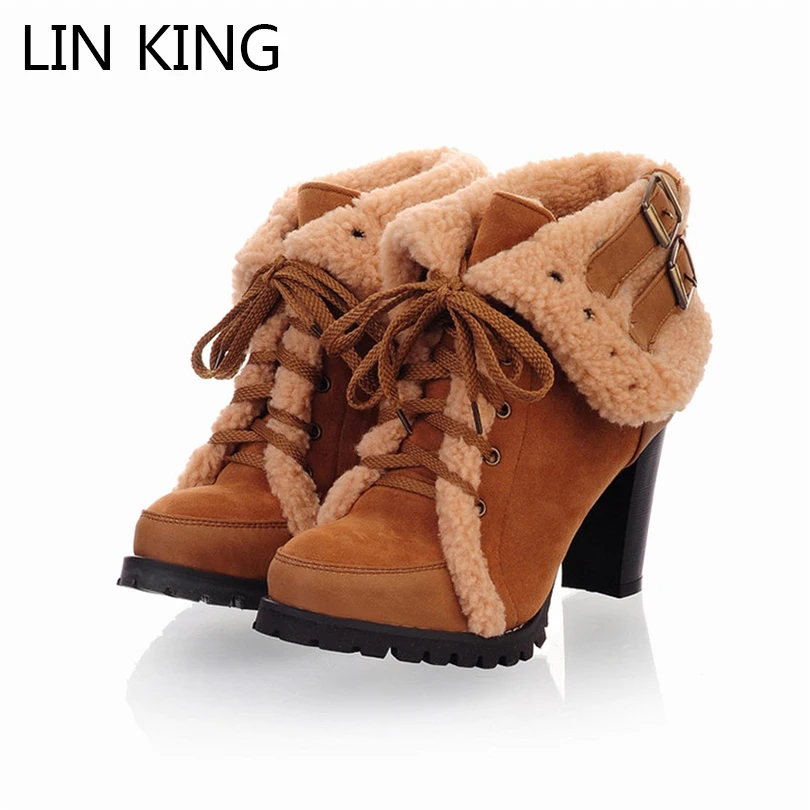 Thick High Heels Ankle Women Boots Lace Up Round Toe Footwear Fashion Female Shoes Winter Warm Boots