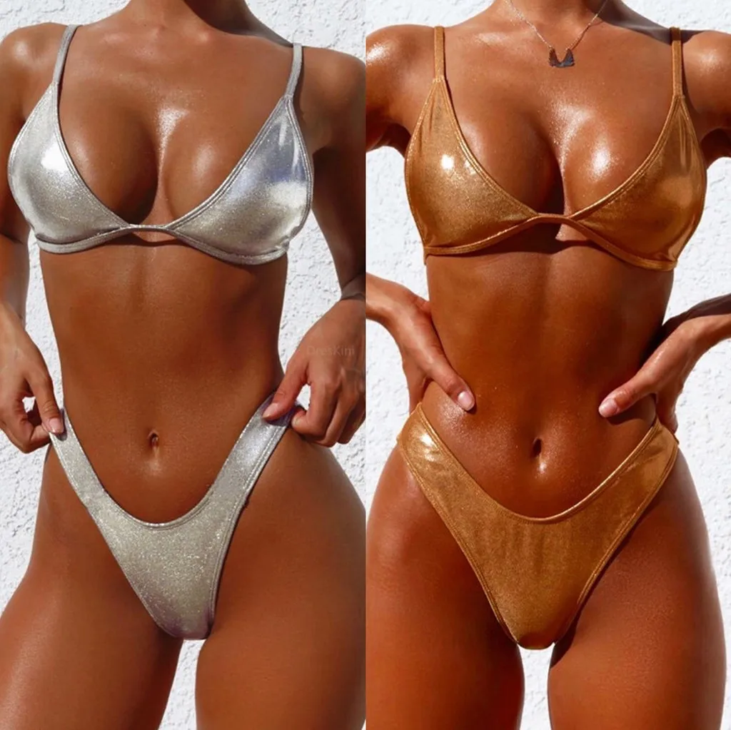 Sexy Shiny Gold/Silver Metallic Leather Scoop Neck Biquini Bathing Suit Swimsuit Plus Size Swimwear Women Brazilian Bikini Sexy Shiny Gold/Silver Metallic Leather Scoop Neck Biquini Bathing Suit Swimsuit Plus Size Swimwear Women Brazilian Bikini