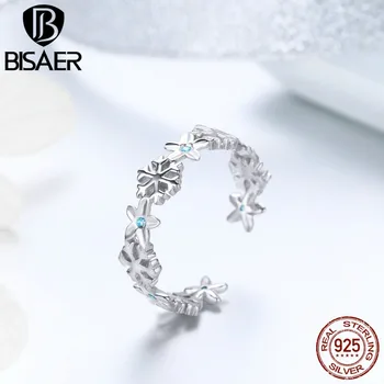 

BISAE 925 Sterling Silver Wedding Ring Winter Snowflake Finger Rings for Women Wedding Jewelry Adjustable Finger Ring EFR015