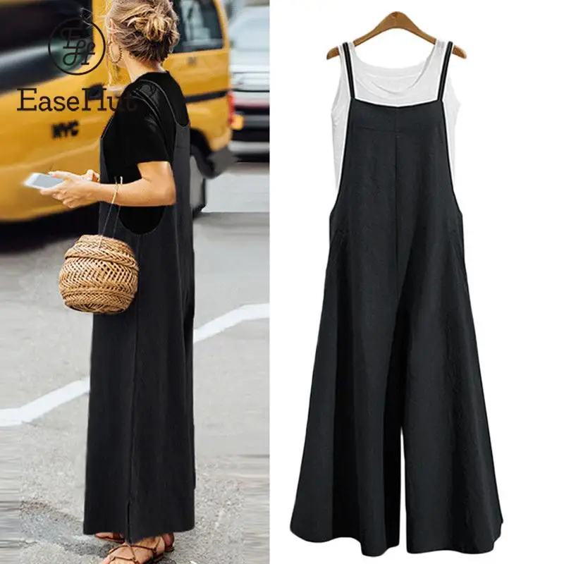 EaseHut Plus Size S-3XL Women Cotton Linen Pocket Long Wide Leg Romper Strappy Dungaree Bib Overalls Casual Loose Solid Jumpsuit