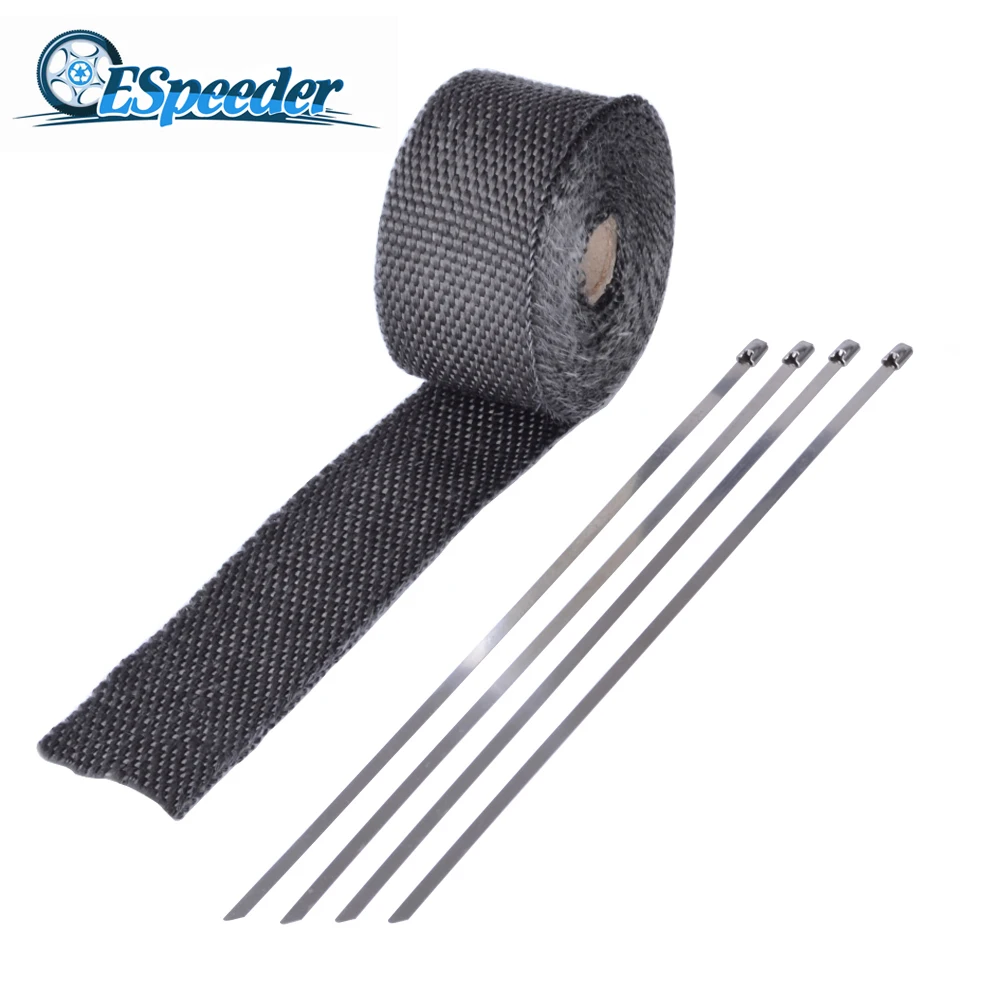

ESPEEDER 5m Exhaust Wrap Header Heat Fiberglass Wrap Resistant Downpipe 4 Stainless Steel Ties Fit Car Motorcycle Black