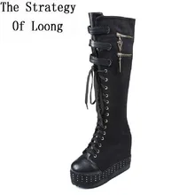 Женские сапоги до колена с заклепками, на шнуровке, на металлической молнии; сезон весна-осень; зимняя женская увеличенная платформа; высокие сапоги; 20180412