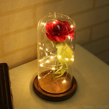 

Birthday Gift Beauty and the Beast Red Rose with Fallen Petals in a Glass Dome on a Wooden Base for Christmas Valentine's Gifts