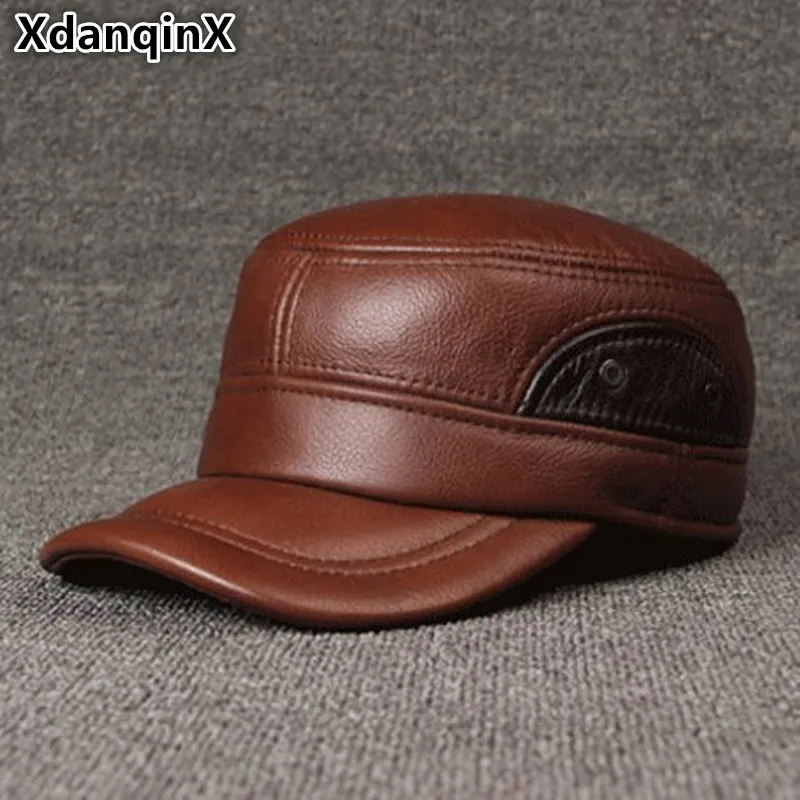 

XdanqinX Cowhide Leather Hat Men's Flat Cap Genuine Leather Hats Brands Baseball Caps For Men Adjustable Size Earmuffs Dad Cap